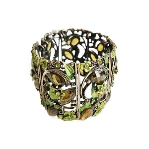 Green Floral Enamel & Crystal Cuff Bracelet